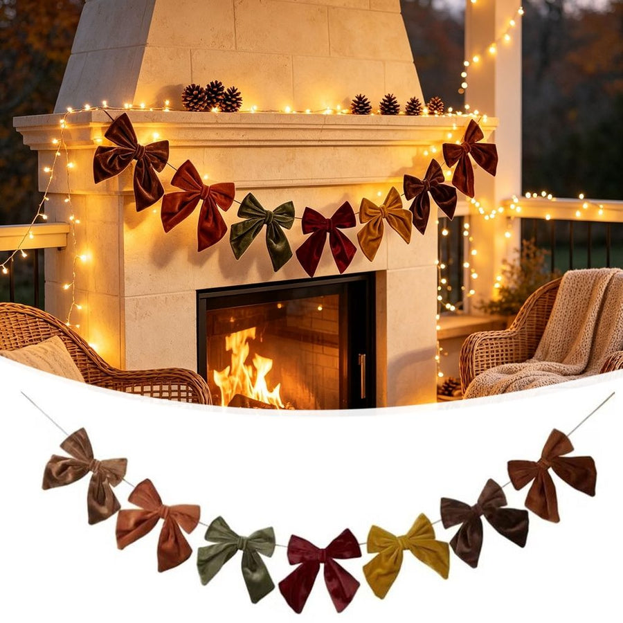 Velv bow garland Fall Bunting 6.5 Ft Thanksgiving Ribbon Banner Assembled coqute Decor for Fireplace Mantle Staircase Wall Rustic Holiday Party Table Centerpiece Kitchen Home