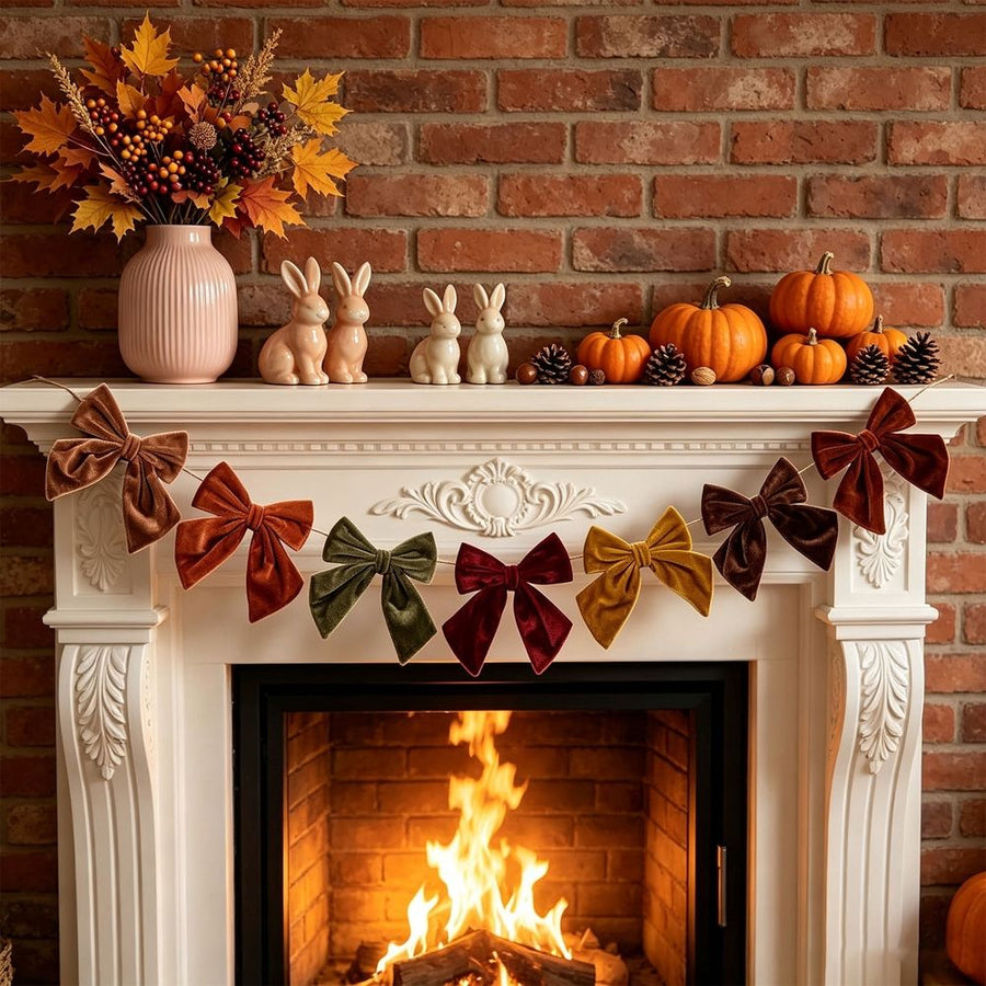 Velv bow garland Fall Bunting 6.5 Ft Thanksgiving Ribbon Banner Assembled coqute Decor for Fireplace Mantle Staircase Wall Rustic Holiday Party Table Centerpiece Kitchen Home