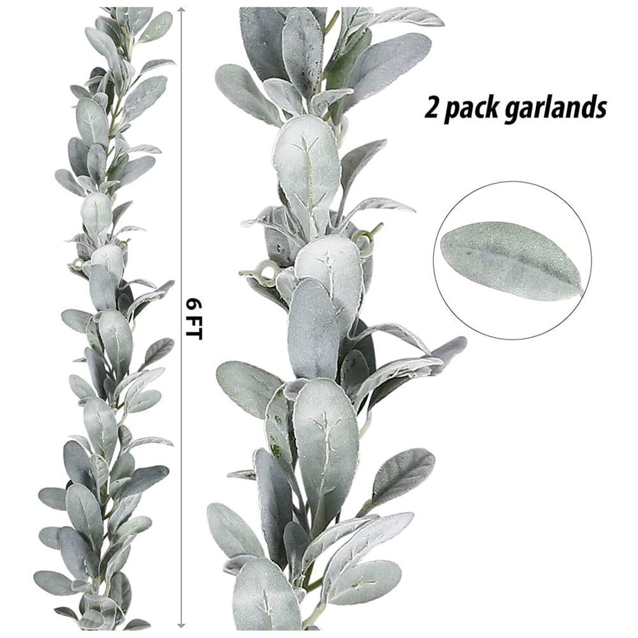 2 Pcs Artificial Flocked Lambs Ear Garland - 6Ft/Piece Soft Faux Vine Greenery and Leaves for Framhouse Mantle Decor