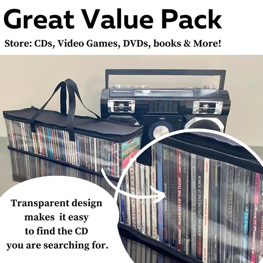CD Storage Bags (4 Pack) Clear PVC Plastic Media Carrying Case with Zipper - Holds 400 CDs Total - Strong Handles