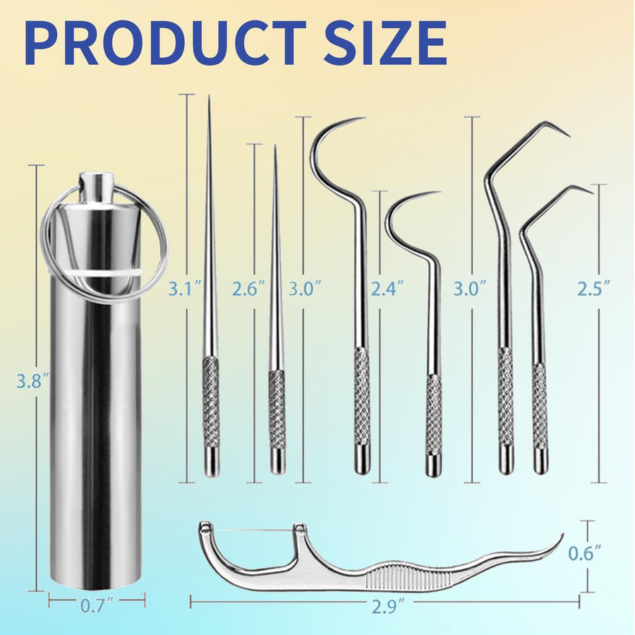 Metal Toothpicks for Teeth Set (7Pcs ), Portable Reusable Stainless Steel Toothpicks Pocket Set with Holder Dispenser, Fruit Picks