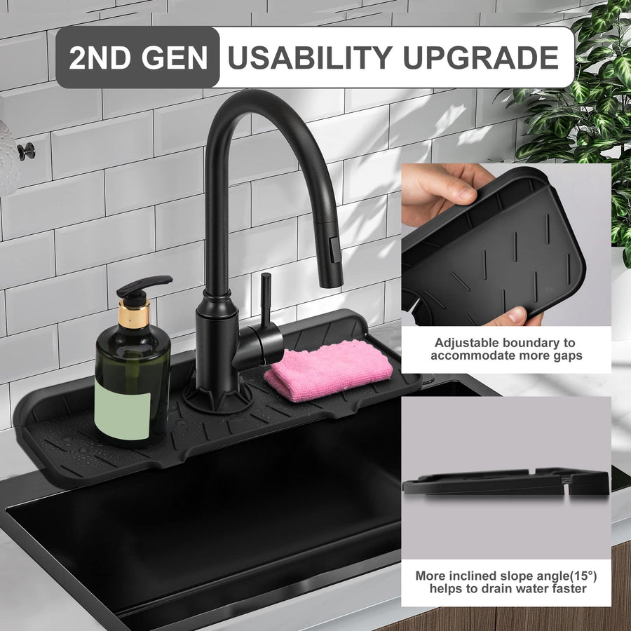 Silicone Sink Splash Guard 2 - Slope Upgraded Faucet Mat, 15" x 5.5", Sink Gadgets-Splash Guard Behind Faucet Water Drip Catcher