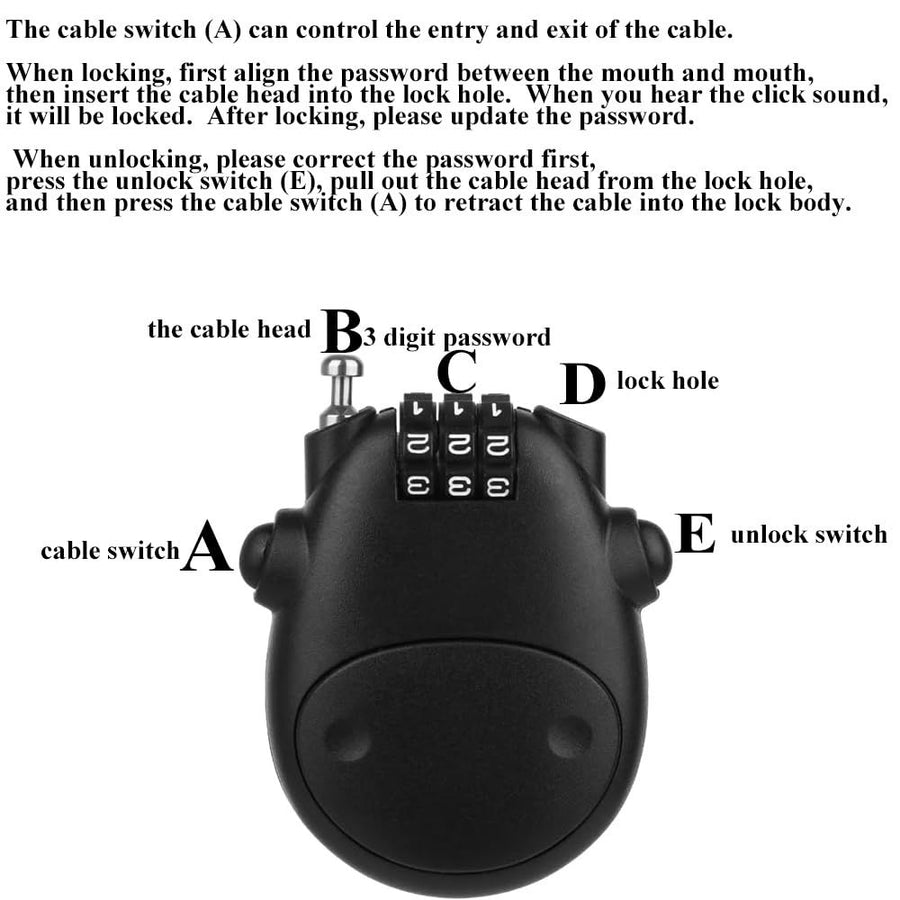 Combination Lock, Black, Suitcase, Helmet, Bike, Luggage, Doors, Briefcase, Purse, Accessories, Retractable Steel Cable,