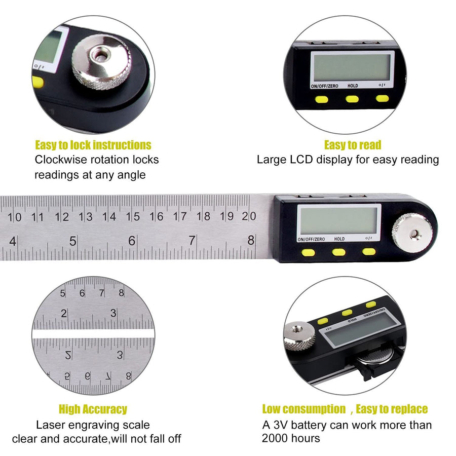 200mm/8Inches Digital Angle Finder Ruler - Stainless Steel Protractor for Woodworking and Construction