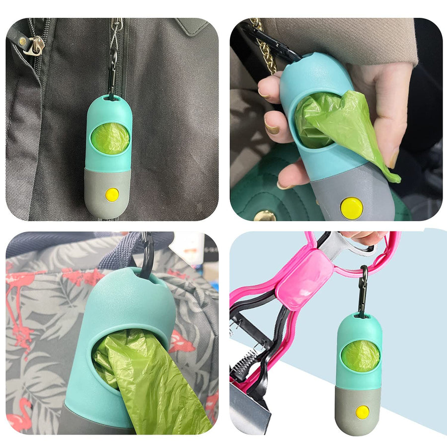 Dog Poop Bag Dispenser with Built-in LED Flashlight, Pet Waste Bag Holder for Leash with Carabiner Clip for Lead Leash