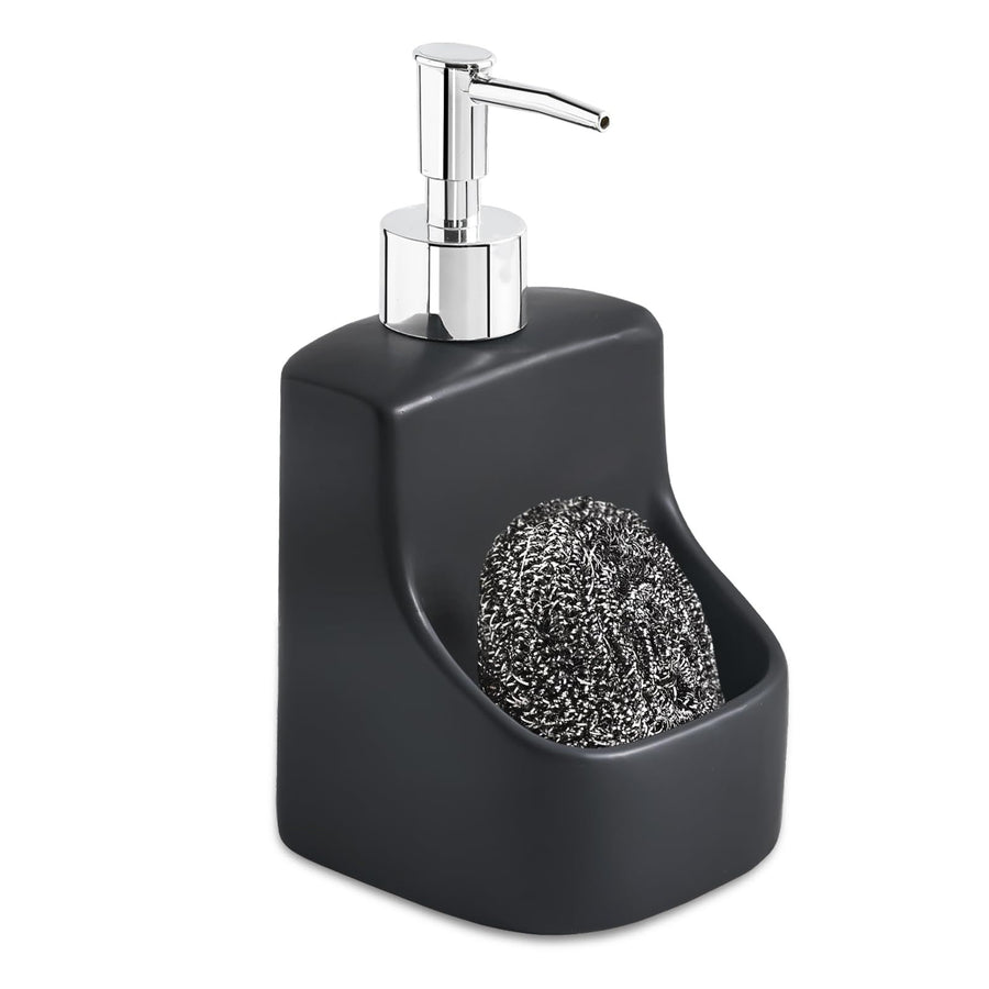 Soap Dispenser with Sponge Holder for Kitchen Sink, Hand Soap Pump Bottle and Storage 2-in-1 for Bathroom Countertop (Black)