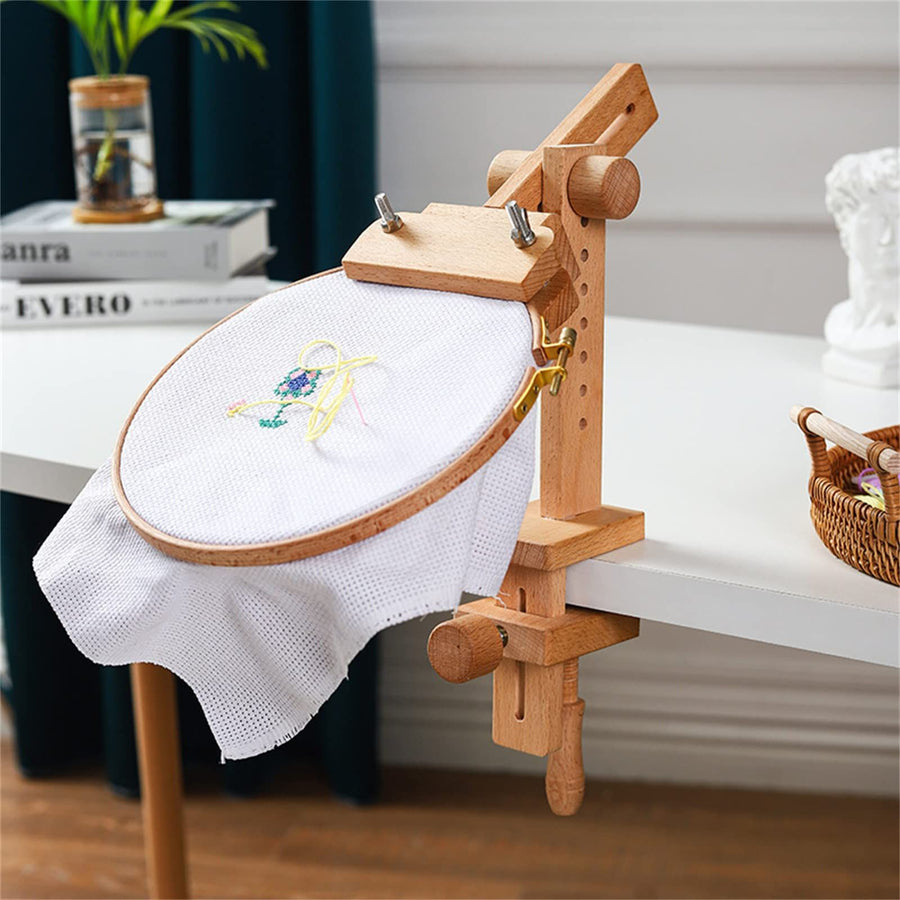 Embroidery Hoop Stand Adjustable Rotated Cross Stitch Stand with 2 Pcs 6'' 8'' Embroidery Hoops, Wooden Embroidery Hoop Holder