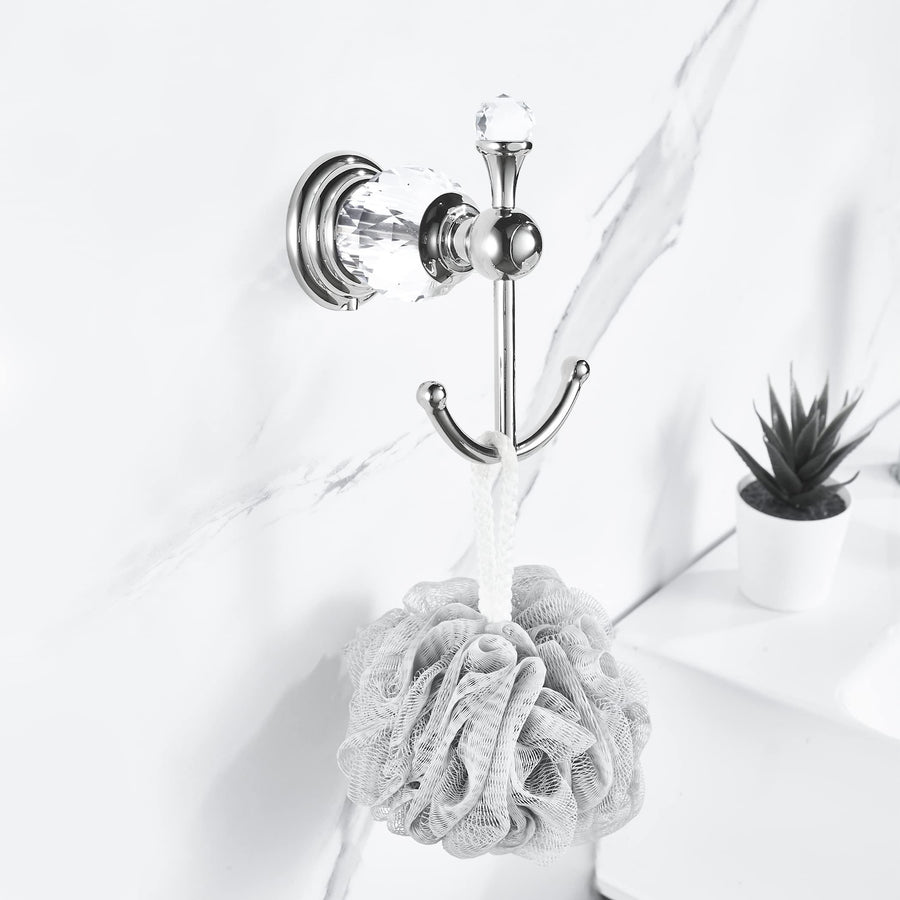 Crystal Towel Hook Chrome, Bath Robe Hook, Silver Bathroom Wall Hooks Double for Coats Wall Mounted Modern Style