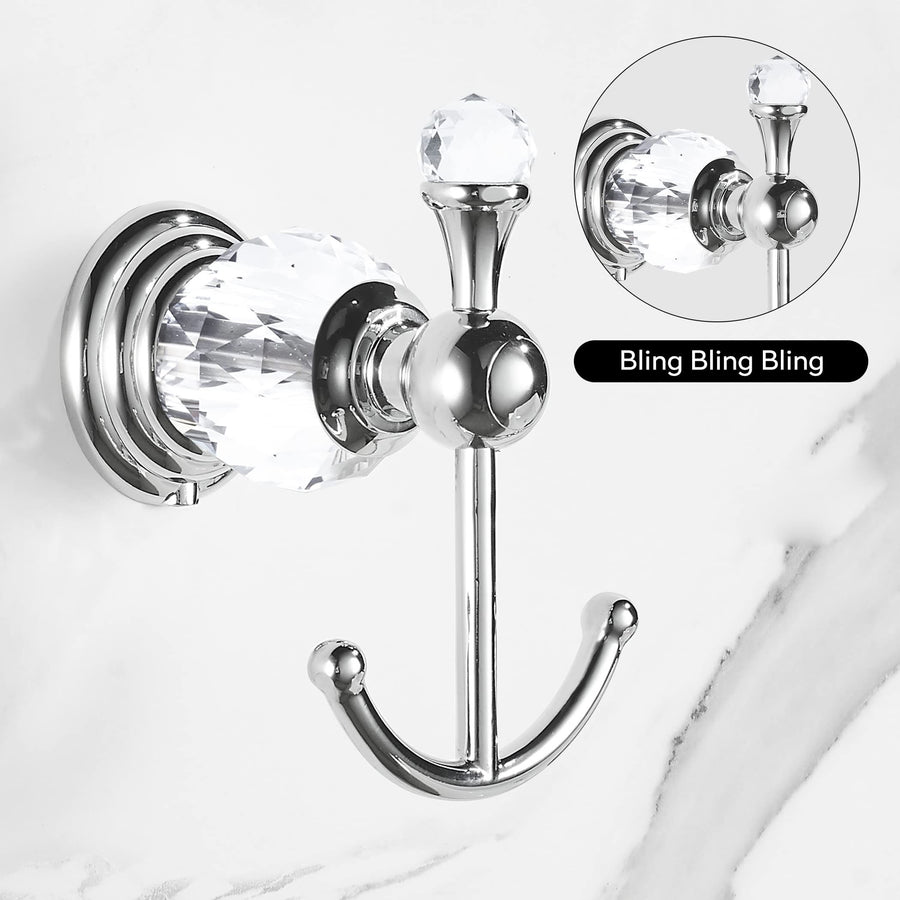 Crystal Towel Hook Chrome, Bath Robe Hook, Silver Bathroom Wall Hooks Double for Coats Wall Mounted Modern Style