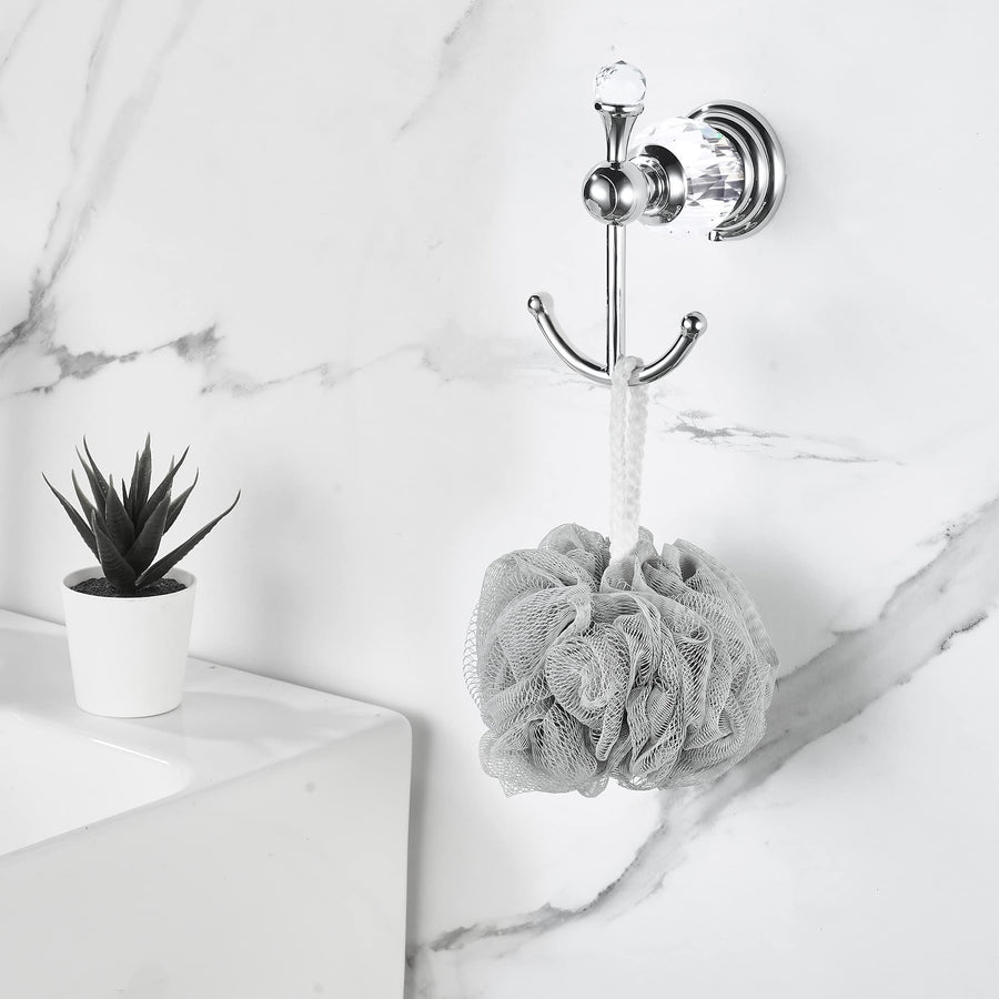 Crystal Towel Hook Chrome, Bath Robe Hook, Silver Bathroom Wall Hooks Double for Coats Wall Mounted Modern Style