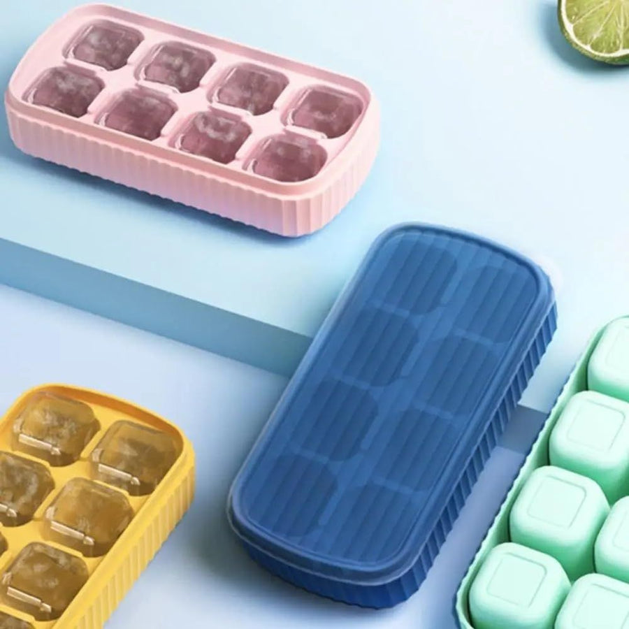 Silicone Ice Cube Tray, with Lid,8 Grid Soft Bottom Ice Cube Tray, Square Fruit Ice Cube Maker, Easy Operation (4pcs)