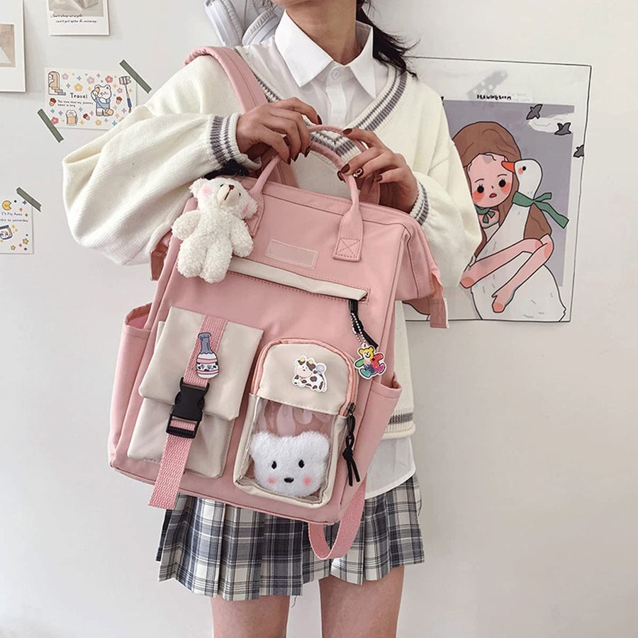Cute Backpack with Cute Pin Accessories Plush Pendant Cute School Backpack Cute Aesthetic Backpack（pink）