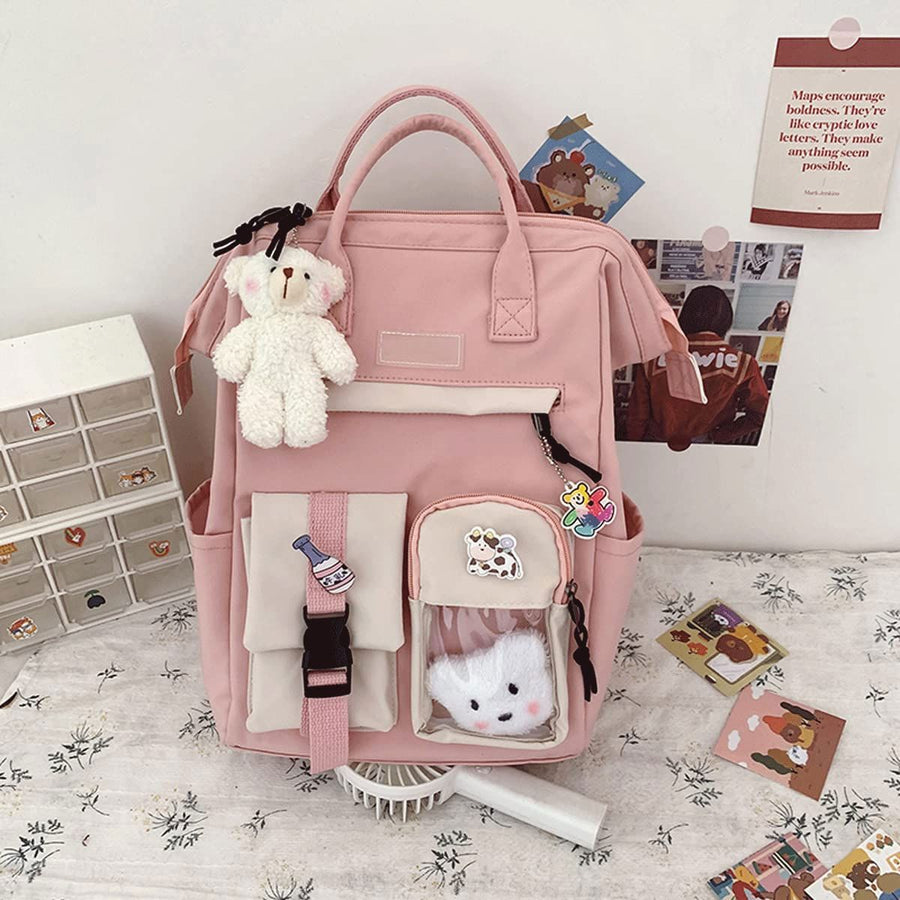 Cute Backpack with Cute Pin Accessories Plush Pendant Cute School Backpack Cute Aesthetic Backpack（pink）
