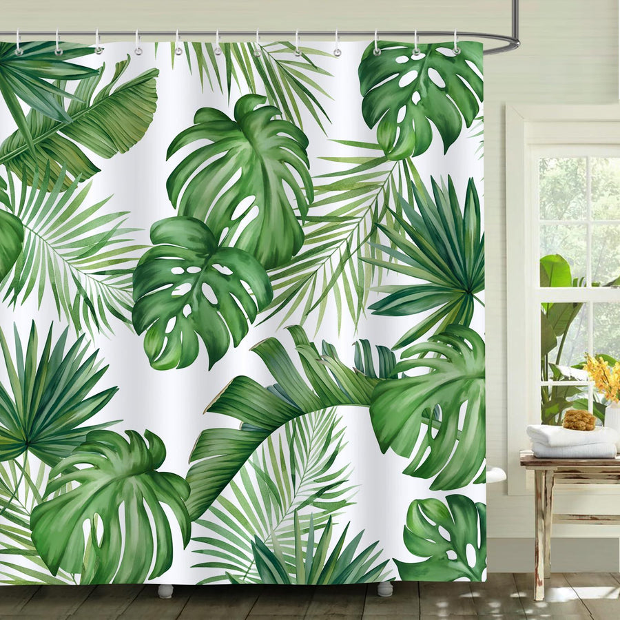 Tropical Leaves Shower Curtain Green Palm Leaf Decorative Bath Curtain Polyester Fabric Waterproof Bathroom Curtain