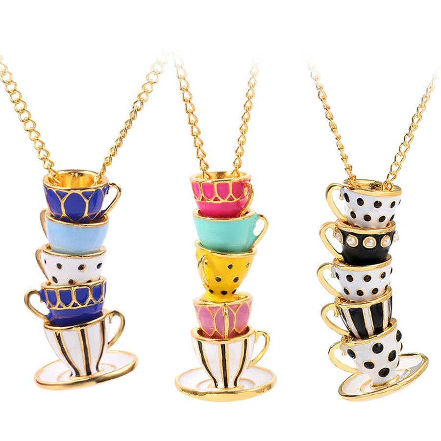 COLORFUL BLING Funny Stacked Enamel Teacup Necklace Coffee Cup Teapot Pendant Necklace Elegant Teacup Long Necklace （3pcs）