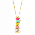 COLORFUL BLING Funny Stacked Enamel Teacup Necklace Coffee Cup Teapot Pendant Necklace Elegant Teacup Long Necklace （3pcs）