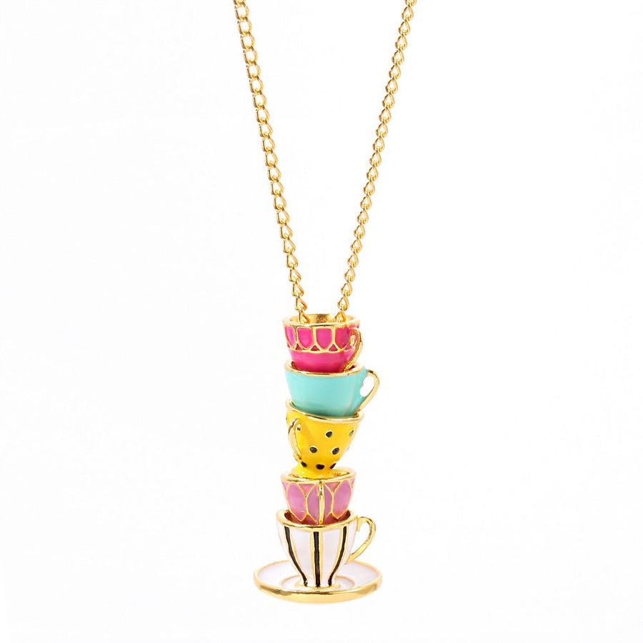 COLORFUL BLING Funny Stacked Enamel Teacup Necklace Coffee Cup Teapot Pendant Necklace Elegant Teacup Long Necklace （3pcs）