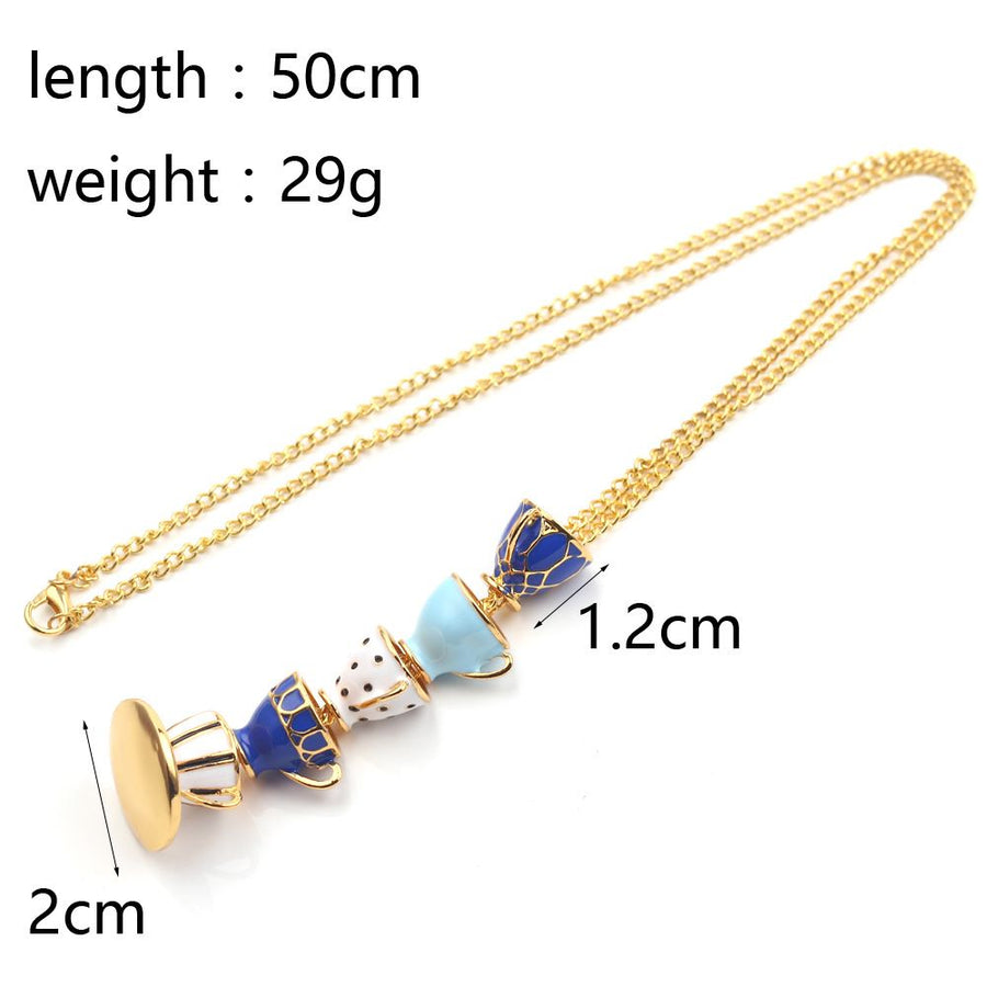 COLORFUL BLING Funny Stacked Enamel Teacup Necklace Coffee Cup Teapot Pendant Necklace Elegant Teacup Long Necklace （3pcs）