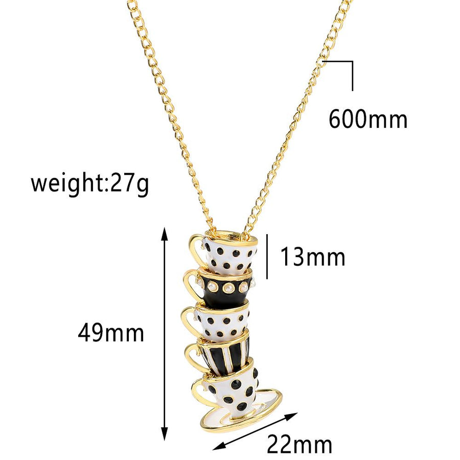 COLORFUL BLING Funny Stacked Enamel Teacup Necklace Coffee Cup Teapot Pendant Necklace Elegant Teacup Long Necklace （3pcs）