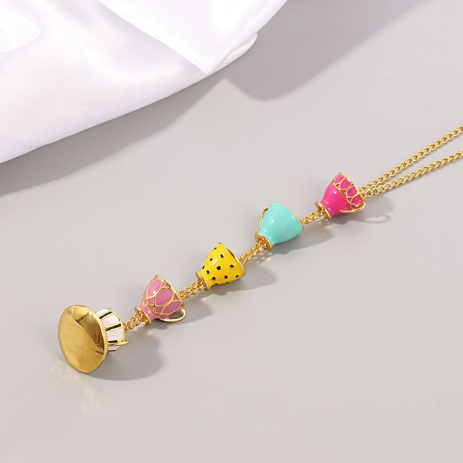 COLORFUL BLING Funny Stacked Enamel Teacup Necklace Coffee Cup Teapot Pendant Necklace Elegant Teacup Long Necklace （3pcs）