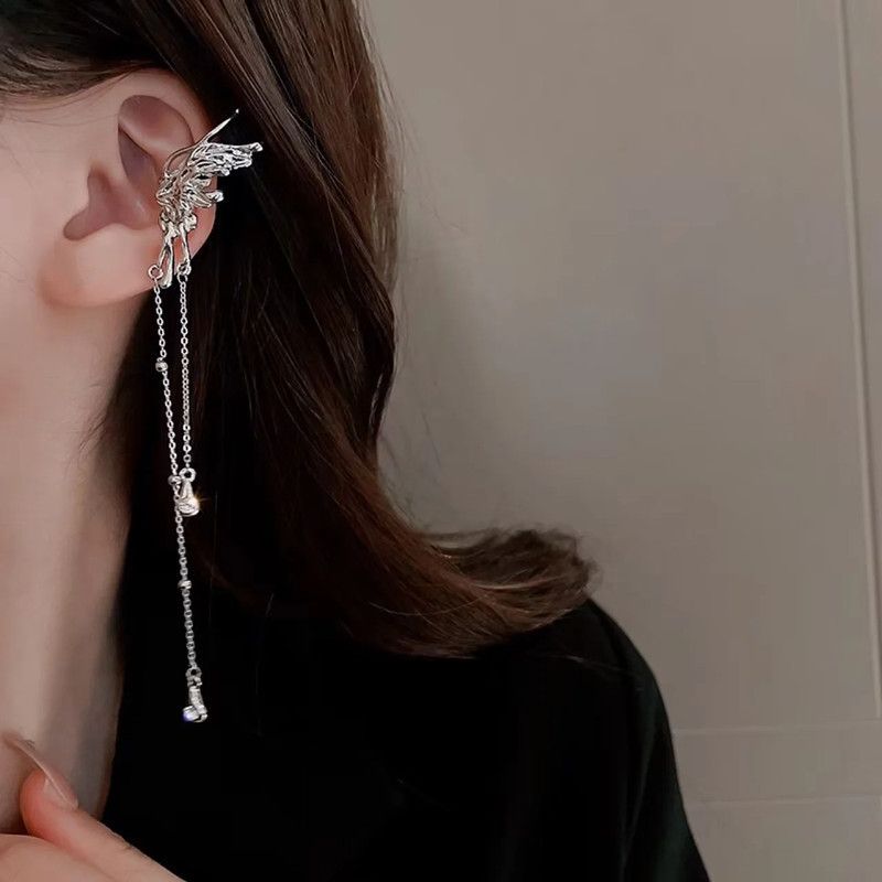 Butterfly Ear Cuff Earrings For Women Non Pierced Tassel Style Zircon Chain Dangle Long Shiny Cute Elegant Butterfly Wing Ear