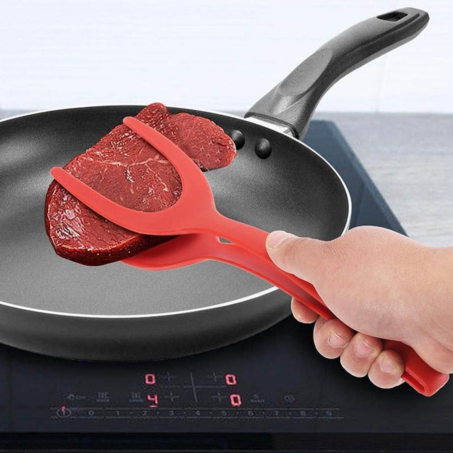 Egg Spatula, Grip and Flipp Tongs Spatula, Fried Eggs Turners, 2 in 1 Clamp, Frying Turning Grilling Kitchen Cooking Tool  Red