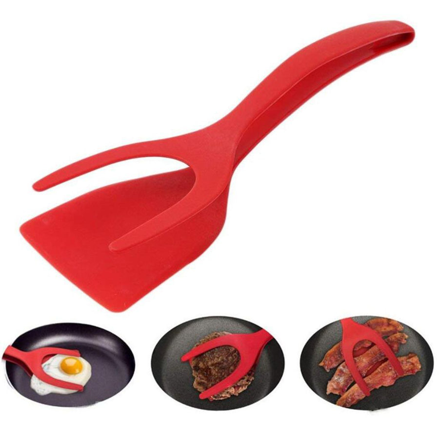 Egg Spatula, Grip and Flipp Tongs Spatula, Fried Eggs Turners, 2 in 1 Clamp, Frying Turning Grilling Kitchen Cooking Tool  Red