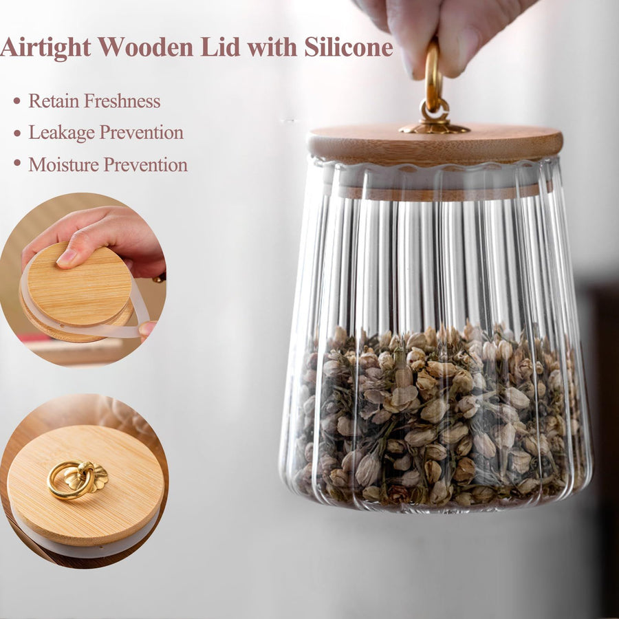 Glass Coffee Nuts Canister Airtight Storage Jar Petal Decorative Container with Bamboo Lid Metal Handle Easy(Large Conical)