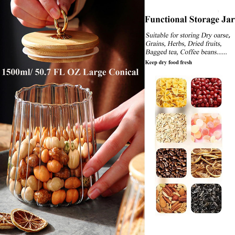 Glass Coffee Nuts Canister Airtight Storage Jar Petal Decorative Container with Bamboo Lid Metal Handle Easy(Large Conical)