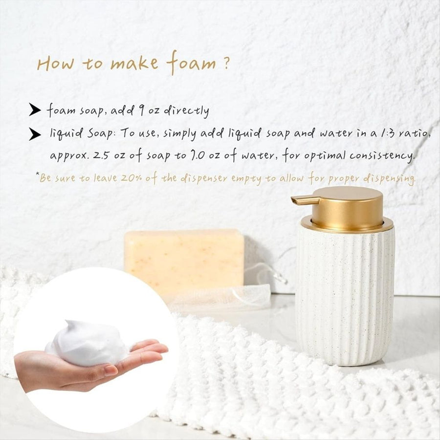 Speckled Matte White Ceramic Foam Soap Dispenser, 350ml Refillable Pump with Golden Top, Elegant Foaming Dispenser