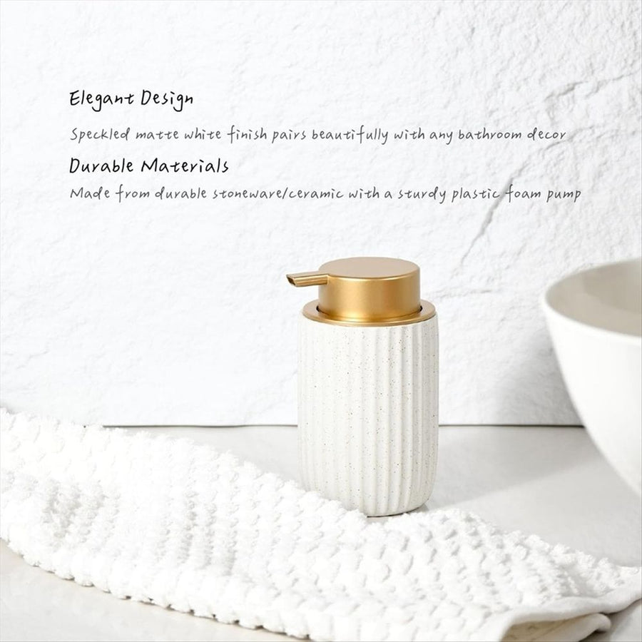 Speckled Matte White Ceramic Foam Soap Dispenser, 350ml Refillable Pump with Golden Top, Elegant Foaming Dispenser