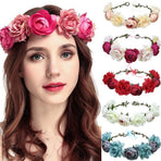 Women Rose Floral Crown Hair Wreath Leave Flower Headband with Adjustable Ribbon