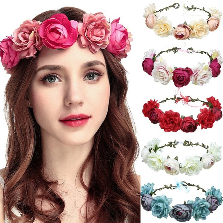 Women Rose Floral Crown Hair Wreath Leave Flower Headband with Adjustable Ribbon