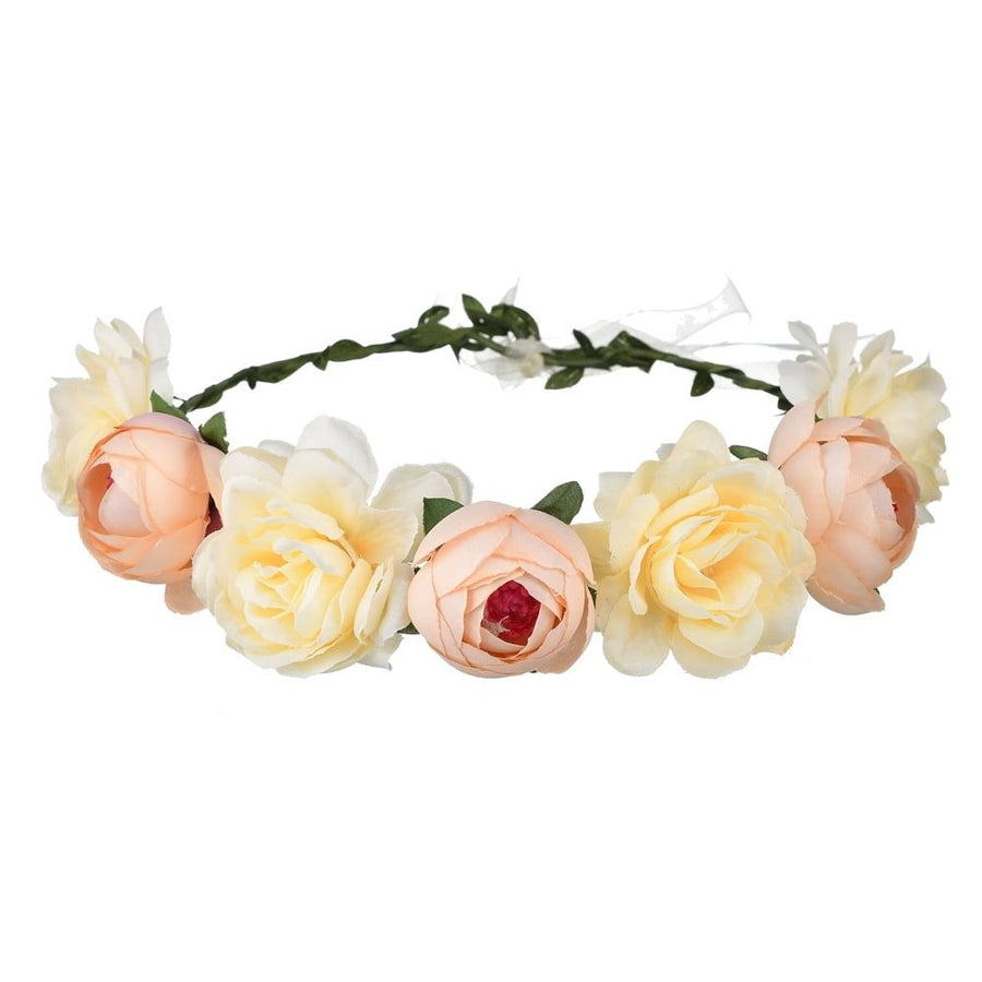 Women Rose Floral Crown Hair Wreath Leave Flower Headband with Adjustable Ribbon