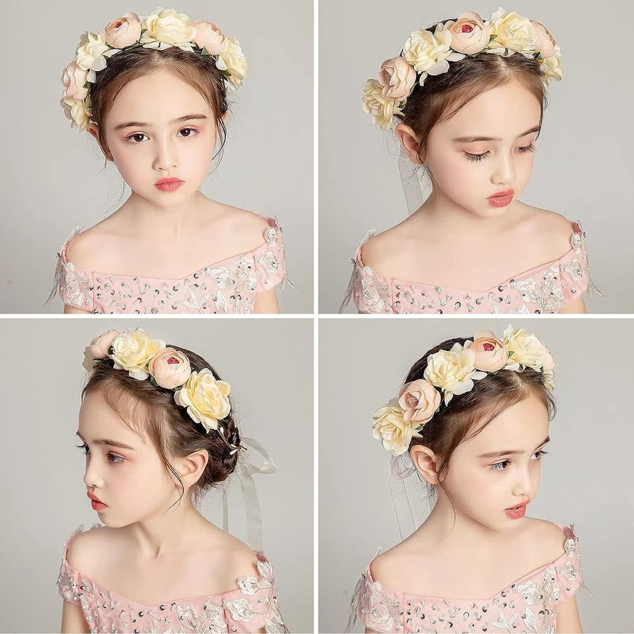 Women Rose Floral Crown Hair Wreath Leave Flower Headband with Adjustable Ribbon