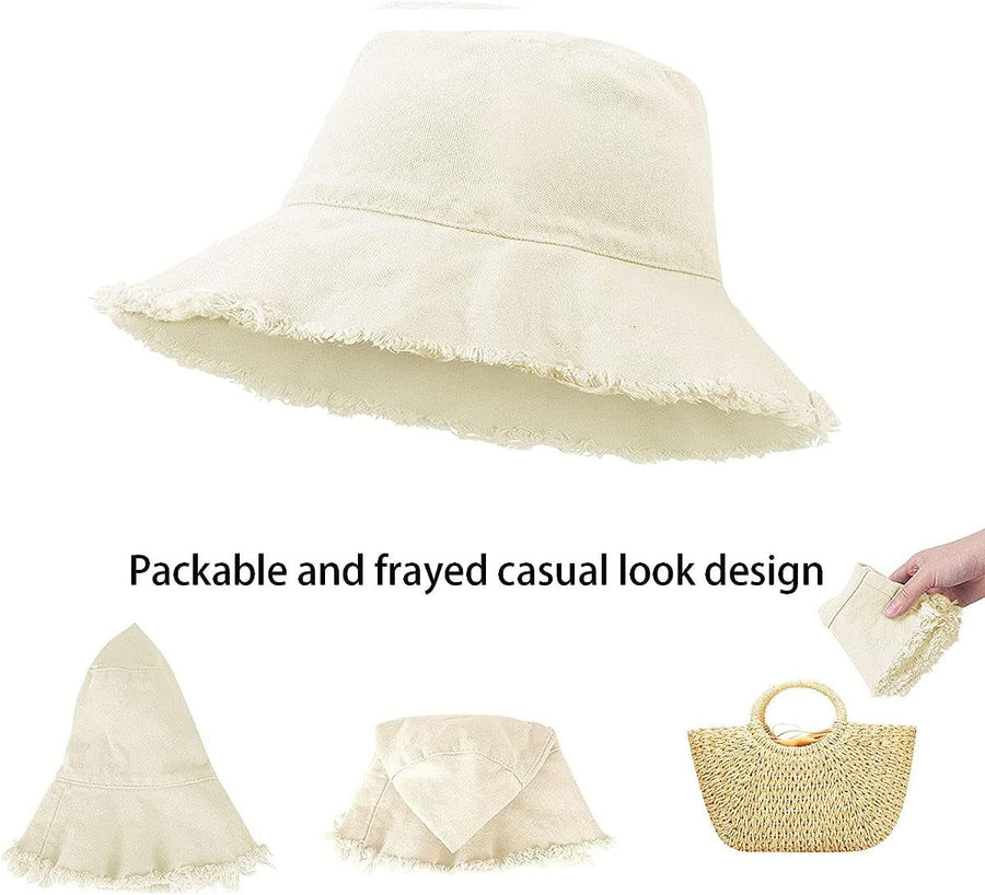 Distressed Sun Hats for Women Summer Casual Wide Brim Cotton Bucket Hat Beach Vacation Travel Accessories