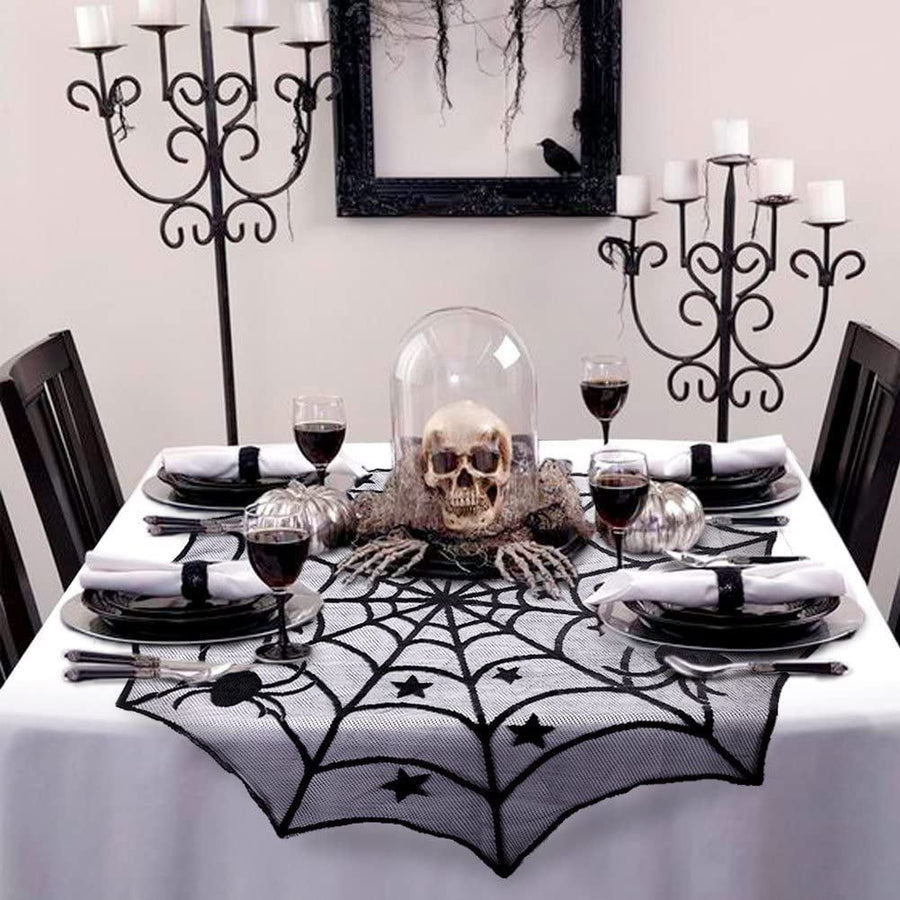 Lace Spider Web Table Topper Cloth, 40-Inch Round Black Halloween Tablecloth for Halloween Table Decorations