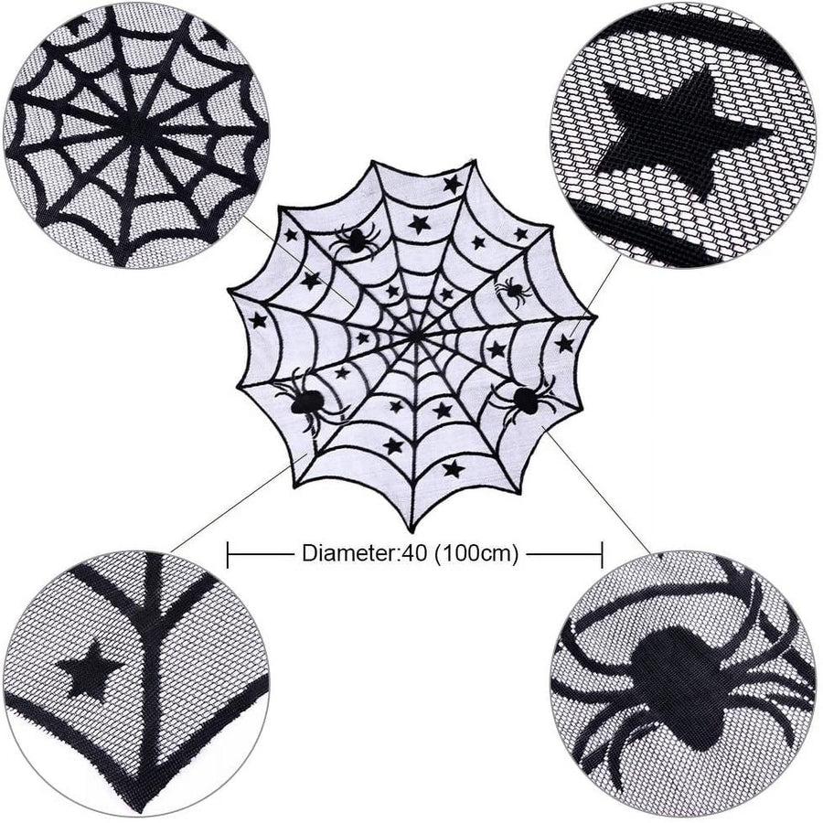 Lace Spider Web Table Topper Cloth, 40-Inch Round Black Halloween Tablecloth for Halloween Table Decorations