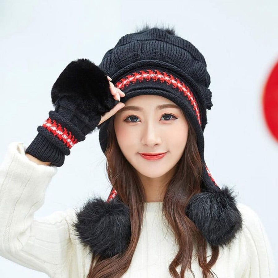 Women Winter Knitted Beanie Hat Glove Set Skull Cap Touchscreen Gloves