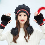 Women Winter Knitted Beanie Hat Glove Set Skull Cap Touchscreen Gloves