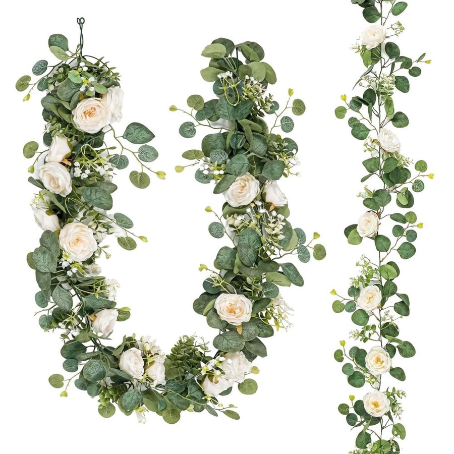 2 Pack Faux Eucalyptus Garland with White Roses - 71 Inch Artificial Greenery Vine for Wedding Arch, Table Runner, Centerpiece Table Decor, Mantel & Wall Decor