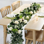 2 Pack Faux Eucalyptus Garland with White Roses - 71 Inch Artificial Greenery Vine for Wedding Arch, Table Runner, Centerpiece Table Decor, Mantel & Wall Decor