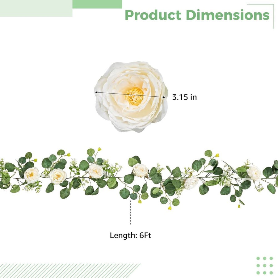 2 Pack Faux Eucalyptus Garland with White Roses - 71 Inch Artificial Greenery Vine for Wedding Arch, Table Runner, Centerpiece Table Decor, Mantel & Wall Decor