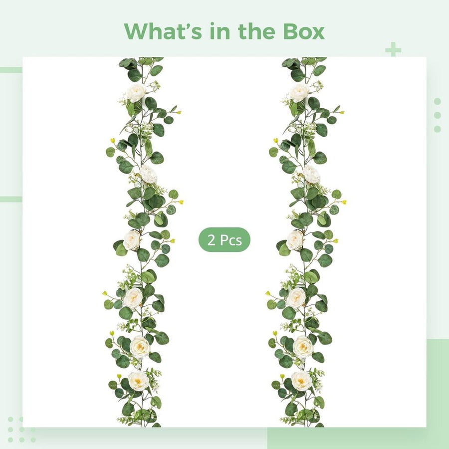 2 Pack Faux Eucalyptus Garland with White Roses - 71 Inch Artificial Greenery Vine for Wedding Arch, Table Runner, Centerpiece Table Decor, Mantel & Wall Decor