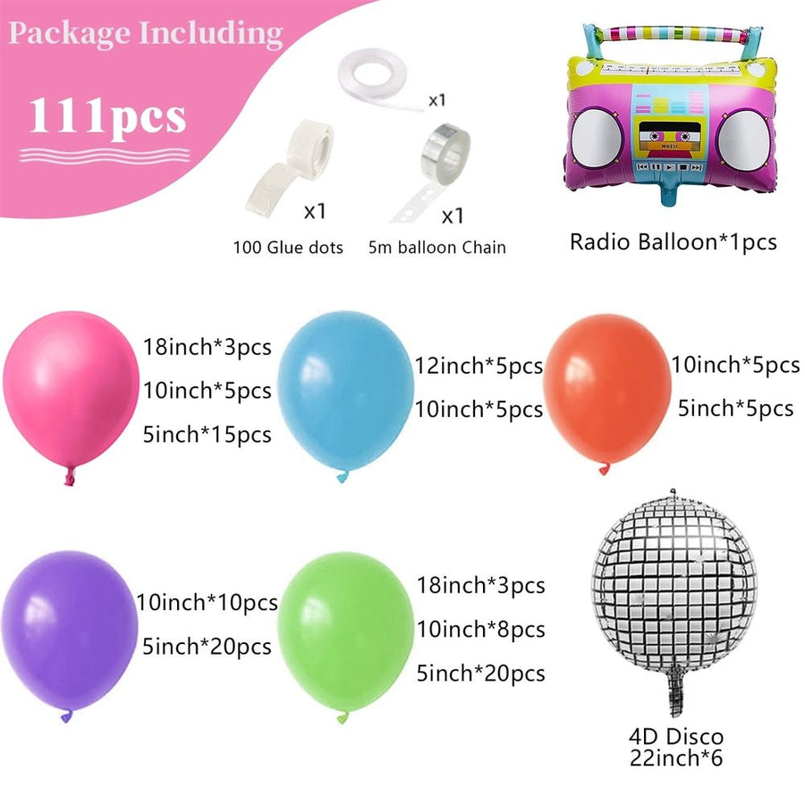 111pcs Balloon Garland Arch Kit, Back To 80s 90s Retro Theme Disco Theme Birthday Party Decor Supplies