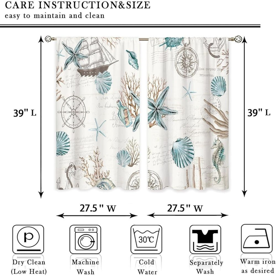 Ocean Beach Valve Kitchen Curtains Sea Coast Starfish Shell Curtains Blue Ocean Underwater Bedroom Bathroom Living Room Treatment Layer Fabric 1 Panel 52Wx18H inches