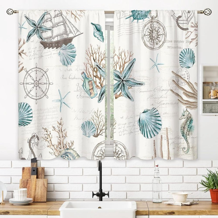 Ocean Beach Valve Kitchen Curtains Sea Coast Starfish Shell Curtains Blue Ocean Underwater Bedroom Bathroom Living Room Treatment Layer Fabric 1 Panel 52Wx18H inches