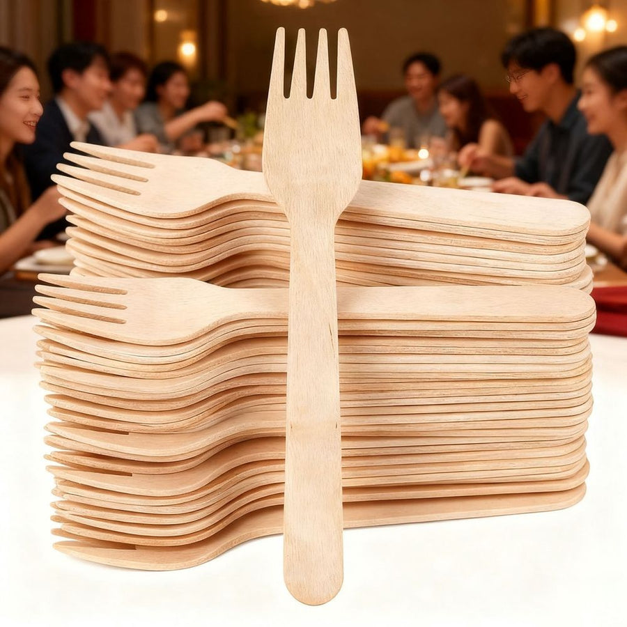 Beige 100-Pack 16cm Wooden Disposable Forks, Compostable Eco-Friendly Cutlery for Parties & Events (1 pack)
