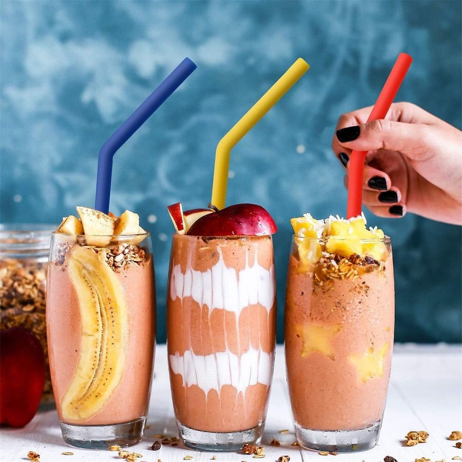 13 Pcs Wide Reusable Bent Silicone Straws, Colorful for Thick Drinks, 2 Brushes Easy Cleaning