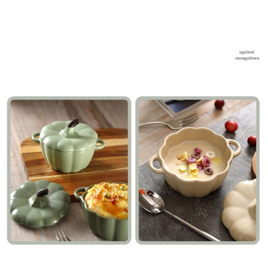 Pumpkin Dutch Oven, Mini Ceramic Casserole Dish with Lid, Pottery Baking Dish for Soufflés and Sides, Cute and Functional for Tabletop Serving (Green)